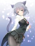  1girl animal_ears blue_eyes cat_ears cat_tail highres looking_at_viewer machin military military_uniform pantyhose pleated_skirt sanya_v_litvyak short_hair short_necktie silver_hair skirt smile solo star strike_witches tail uniform world_witches_series 
