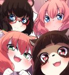  4girls animal_ears aqua_eyes arm_up bangs black_hair blue_eyes blunt_bangs blush brown_hair closed_mouth commentary eyebrows eyebrows_visible_through_hair face fang furry glasses looking_at_viewer mouse_ears multiple_girls open_mouth original pink_hair pink_skin red-framed_eyewear red_eyes semi-rimless_glasses short_eyebrows smile thick_eyebrows under-rim_glasses youki_(yuyuki000) 