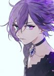  androgynous aqua_background black_shirt choker collarbone earrings expressionless gem green_eyes heterochromia highres jewelry kazari_tayu looking_at_viewer multicolored_eyes necklace original parted_lips purple_hair shirt short_hair simple_background solo stud_earrings upper_body violet_eyes wind 