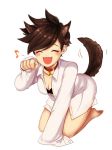  1girl animal_ears bangs barefoot black_bra blush bra breasts brown_hair buttons cleavage closed_eyes collar dog_ears dog_tail ear_piercing fang kemonomimi_mode kneeling long_sleeves medium_breasts musical_note open_clothes open_mouth open_shirt overwatch paw_pose piercing quaver shirt shirt_only simple_background sleeves_past_wrists smile solo spiky_hair swept_bangs tail tail_wagging tracer_(overwatch) underwear white_background white_shirt 