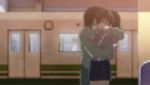  1boy 1girl black_hair blue_skirt brown_hair closed_eyes couple ground_vehicle hug itou_makoto katsura_kotonoha kiss saionji_sekai school_days skirt train train_station when_you_see_it yandere 