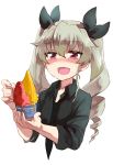  1girl anchovy bangs black_shirt blush bowl dress_shirt drill_hair food girls_und_panzer green_hair hair_ribbon holding ice_cream long_hair military military_uniform necktie no_jacket oono_imo open_collar open_mouth red_eyes ribbon shirt sleeves_rolled_up smile solo spoon standing sweat twin_drills twintails uniform upper_body 