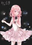  1girl absurdres bare_shoulders clenched_hand dress guilty_crown highres idol long_hair microphone pink_eyes pink_hair sketch solo strapless strapless_dress twintails yuzuriha_inori 