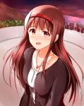  1girl alternate_hair_length alternate_hairstyle brown_eyes brown_hair collarbone hairband heart heart_necklace idolmaster jewelry kouki371 long_hair necklace open_mouth outdoors red_hairband solo tanaka_kotoha tears upper_body 