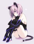  1girl animal_ears armor armored_dress bare_shoulders bikini black_boots black_hair boots breasts cat_ears cat_tail elbow_gloves fate/grand_order fate_(series) fetal_position gloves high_heel_boots high_heels large_breasts leg_hug looking_at_viewer oota_yuuichi pink_hair purple_hair shielder_(fate/grand_order) short_hair side-tie_bikini sitting solo swimsuit tail thigh-highs thigh_boots violet_eyes 