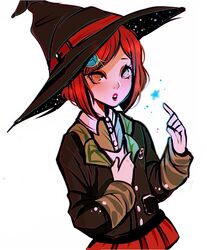  1girl dangan_ronpa hair_ornament hat lemolunes new_dangan_ronpa_v3 redhead school_uniform short_hair solo witch_hat 