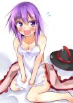  1girl absurdres apron flying_sweatdrops frills hat hat_removed headwear_removed highres kuzumomo nagae_iku naked_apron open_mouth purple_hair shawl sitting solo tears touhou violet_eyes wariza wavy_mouth white_background 