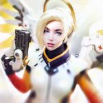  1girl black_gloves blonde_hair blue_eyes blurry bodysuit breastplate commentary depth_of_field derivative_work gloves gun hand_up handgun headgear high_ponytail holding holding_gun holding_weapon irakli_nadar lips lipstick long_sleeves looking_at_viewer makeup mechanical_halo mechanical_wings mercy_(overwatch) nose overwatch parted_lips photo_reference pink_lips pink_lipstick ponytail realistic short_hair smile solo spread_wings turtleneck upper_body weapon wings yellow_wings 