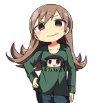  1girl alternate_costume brown_eyes brown_hair casual closed_mouth clothes_writing commentary_request expressive_clothes hand_on_hip kanikama kantai_collection kitakami_(kantai_collection) long_hair long_sleeves looking_at_viewer ooi_(kantai_collection) simple_background solo 