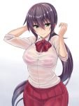  1girl amaama_to_inazuma blush bra breasts green_eyes iida_kotori long_hair looking_at_viewer pleated_skirt ponytail purple_bra purple_hair school_uniform see-through sengoku_aky shirt simple_background skirt solo underwear wet wet_clothes wet_shirt white_background 