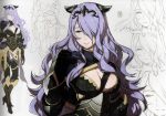  1girl armor black_armor black_panties boots breasts camilla_(fire_emblem_if) cleavage concept_art fire_emblem fire_emblem_if full_body gauntlets gloves high_heel_boots high_heels highres kozaki_yuusuke large_breasts lavender_hair lineart long_hair official_art panties profile simple_background solo thigh-highs underwear wavy_hair 