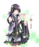  1girl absurdres black_hair detached_sleeves eyebrows eyebrows_visible_through_hair flute hair_ornament hair_ribbon highres instrument long_hair looking_at_viewer music original playing_instrument purple_ribbon ribbon simple_background solo suanjianyanchendianyushui violet_eyes white_background 