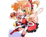  1girl bibi dress freyja_wion green_eyes highres macross macross_delta microphone one_eye_closed open_mouth orange_hair pointing pointing_at_viewer red_dress short_hair side_ponytail 