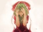  1girl bow closed_eyes crying dress green_hair hair_bow hands_in_hair hands_on_own_face highres kagiyama_hina kouzuki_kei parted_lips red_bow red_dress signature simple_background solo tears touhou white_background 