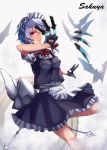  1girl aozarigani apron arm_up bat black_gloves blue_vest bow breasts character_name clock clock_hands expressionless gears gloves hair_bow izayoi_sakuya knife knives_between_fingers leg_up maid maid_apron maid_headdress medium_breasts pose red_eyes ribbon shirt short_hair short_sleeves silver_hair skirt solo touhou white_shirt 