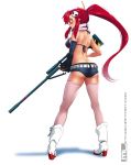  1girl ass back belt bikini_top blush boots butt_crack full_body gun hair_ornament hairpin highres long_ponytail looking_at_viewer looking_back mleth ponytail redhead rifle scarf short_shorts shorts smile solo studded_belt tengen_toppa_gurren_lagann thigh-highs weapon yoko_littner 