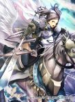  1girl armor blue_hair copyright_name cynthia_(fire_emblem) fire_emblem fire_emblem:_kakusei fire_emblem_cipher garter_straps gloves holding holding_weapon open_mouth pegasus_knight polearm short_hair short_twintails spear thigh-highs twintails weapon 