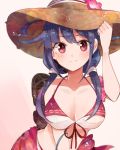  1girl adapted_costume alternate_costume bikini breasts cleavage flower hair_flaps hair_flower hair_ornament hat itomugi-kun kantai_collection low_twintails machinery purple_hair red_eyes ryuuhou_(kantai_collection) sarong smokestack solo sun_hat swimsuit taigei_(kantai_collection) twintails 
