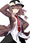  &gt;:) 1girl adjusting_clothes adjusting_hat black_hat black_skirt blush bow brown_eyes brown_hair brown_jacket cowboy_shot dress_shirt e.o. hair_bow hand_on_hip hat hat_bow highres looking_at_viewer necktie parted_lips red_necktie shirt skirt solo suit_jacket touhou usami_renko white_background white_bow white_shirt 