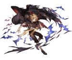  1boy bat bat_wings blonde_hair cape full_body granblue_fantasy head_wings holding holding_weapon male_focus official_art pointy_ears shingeki_no_bahamut smile solo vampire veight weapon wings 