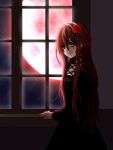  1girl akano_sakura black_dress collar dress flower gothic_lolita hair_between_eyes hair_flower hair_ornament hairband indoors lolita_fashion lolita_hairband long_hair looking_at_viewer moon original red_eyes red_flower redhead solo 