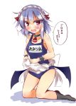  1girl absurdres apron bat_wings blue_hair blush choker collarbone fang highres kneeling kuzumomo maid_apron maid_headdress open_mouth red_eyes remilia_scarlet school_swimsuit solo swimsuit tears touhou waist_apron wavy_mouth white_background wings wrist_cuffs 