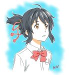  1girl black_hair brown_eyes commentary_request highres kimi_no_na_wa miyamizu_mitsuha neck_ribbon ponytail ribbon shirt simple_background solo white_shirt 