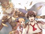  1girl 2boys barowa beard blonde_hair brown_eyes brown_hair card cravat doraf facial_hair glasses gloves granblue_fantasy horns kaitou_chat_noir magnifying_glass monocle multiple_boys pointy_ears saaya_(granblue_fantasy) tororo_(toroyakko) 