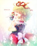  1girl amo blonde_hair bow closed_eyes hair_bow hair_ribbon highres kiss medicine_melancholy nose_kiss open_mouth profile ribbon short_hair smile solo su-san touhou 