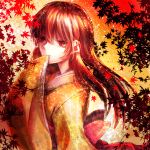  1girl brown_hair character_request fuyuyuki_gekka gugure!_kokkuri-san hair_ornament japanese_clothes kimono long_hair looking_at_viewer red_eyes sash solo yukata 