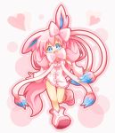  1girl bare_legs blue_eyes blush bow detached_sleeves fang fingerless_gloves gloves hair_ornament long_hair looking_at_viewer neru_(neruneruru) open_mouth personification pink_hair pokemon ribbon smile solo sylveon 