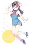  1girl :o absurdres bangs bare_shoulders black-framed_eyewear blue_eyes blush breasts character_name chitetan copyright_name cross-laced_footwear dr._slump full_body glasses gloves hand_up hat highres long_hair looking_at_viewer norimaki_arale overalls purple_hair round_glasses salute shoes small_breasts smile sneakers socks solo star surprised white_background white_gloves white_legwear 