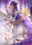  1girl abstract bangs blunt_bangs blurry bow bubble cardcaptor_sakura daidouji_tomoyo depth_of_field dress fish flower goldfish hair_bow half_updo highres jyuui leaf light_smile long_hair looking_at_viewer parted_lips purple_hair solo very_long_hair violet_eyes wavy_hair white_dress wisteria 
