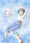  blue_eyes blue_hair commentary_request fishing_rod highres mitsuru_(cp2wbrx85jaeknz_3h) pokemon pokemon_(game) pokemon_sm sandals suiren_(pokemon) wishiwashi 