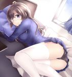  1girl ahoge black_panties breasts brown_hair closed_mouth commentary_request curtains eyepatch highres light_smile long_hair long_sleeves looking_at_viewer lying medical_eyepatch medium_breasts neit_ni_sei on_side on_stomach original panties pillow solo thighs underwear violet_eyes white_legwear window 