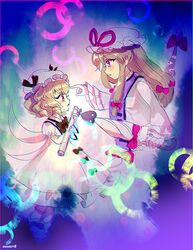  2girls amo blonde_hair bow drill_hair fairy_wings gap hair_bow hat hat_bow hat_ribbon highres long_hair luna_child mob_cap multiple_girls open_mouth parasol red_eyes ribbon sweat tabard touhou umbrella violet_eyes wings yakumo_yukari 