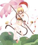  1girl anchira_(granblue_fantasy) barefoot blonde_hair erun_(granblue_fantasy) feet flower granblue_fantasy highres lotus monkey_girl monkey_tail rinrin_(inhonoor) short_hair soles solo staff toes white_clothes 
