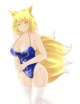  1girl alternate_costume animal_ears blonde_hair blue_swimsuit breasts cleavage collarbone expressionless fist_in_hand fox_ears fox_tail highres hips large_breasts leg_up looking_at_viewer multiple_tails no_hat no_headwear no_pupils one-piece_swimsuit outline shiny shiny_hair shiny_skin short_hair simple_background sketch solo swimsuit tail thigh-highs thighs touhou white_background white_legwear x&amp;x&amp;x yakumo_ran yellow_eyes 