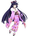  1girl akatsuki_(log_horizon) eyebrows eyebrows_visible_through_hair full_body japanese_clothes kimono log_horizon long_hair looking_at_viewer purple_hair simple_background solo very_long_hair violet_eyes white_background white_legwear yukata 