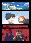  2boys 2girls akira_(natodaisuki58) black_hair blonde_hair blood blood_splatter bofeng chang&#039;e chinese_clothes clouds cloudy_sky comic death evil_grin evil_smile faceless faceless_male flashback grin hair_bun highres houyi japanese_clothes junko_(touhou) kimono mother_and_son multiple_boys multiple_girls silhouette sky smile temari_ball touhou translated 