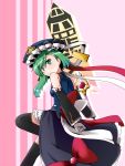  1girl :&gt; adapted_costume bare_shoulders black_legwear blue_eyes detached_sleeves green_hair hat highres looking_at_viewer magical_girl mono_(mono60) rod rod_of_remorse shiki_eiki solo thigh-highs touhou 