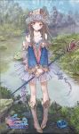  1girl atelier_(series) atelier_totori bare_shoulders boots brown_eyes brown_hair crown detached_sleeves flat_chest forest frills full_body gem highres kishida_mel knee_boots lake legs long_hair miniskirt nature official_art pink_boots pleated_skirt skirt smile solo staff standing totooria_helmold wide_sleeves 
