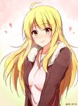  1girl 2015 blonde_hair collarbone dated eyebrows eyebrows_visible_through_hair heart hoshii_miki idolmaster jewelry kouki371 long_hair looking_at_viewer necklace necktie smile solo upper_body yellow_eyes 