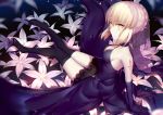  1girl bare_shoulders black_dress black_gloves black_legwear blonde_hair breasts dress elbow_gloves fate/grand_order fate/stay_night fate_(series) flower gloves looking_at_viewer saber saber_alter sitting sleeveless sleeveless_dress solo thigh-highs wu_(4401153) yellow_eyes 