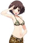  1girl ;d akiyama_yukari armpits bangs bikini bikini_under_clothes blush breasts brown_eyes brown_hair camouflage camouflage_bikini camouflage_pants cleavage commentary_request girls_und_panzer hand_on_hip katatsuka_kouji looking_at_viewer medium_breasts messy_hair navel one_eye_closed open_mouth pants salute short_hair simple_background smile solo stomach swimsuit unzipped white_background 