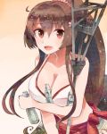  1girl alternate_costume bikini bottle breasts brown_hair cherry_blossoms cleavage flower hair_flower hair_ornament itomugi-kun kantai_collection long_hair open_mouth oriental_umbrella ponytail ramune sarong smile solo swimsuit umbrella very_long_hair yamato_(kantai_collection) 