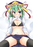  1girl absurdres black_bra black_legwear black_panties blush bra green_eyes green_hair hat highres kuzumomo mouth_hold navel panties shiki_eiki shirt_hold skirt skirt_lift solo thigh-highs touhou underwear white_background 