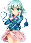 1girl :&gt; absurdres blush cosplay green_eyes green_hair hata_no_kokoro hata_no_kokoro_(cosplay) heart heart_of_string highres komeiji_koishi kuzumomo midriff miniskirt skirt skirt_lift solo third_eye touhou white_background