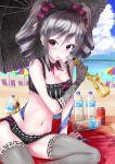  1girl beach bikini blitzen bottle breasts cleavage derivative_work drill_hair elbow_gloves eve_santaclaus gloves gothic_lolita idolmaster idolmaster_cinderella_girls kanzaki_ranko lolita_fashion long_hair ocean parasol reindeer silver_hair smile solo swimsuit thigh-highs twin_drills umbrella water_bottle yukimura_(colorofyukimura) 