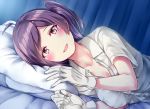  1girl ahoge asymmetrical_hair bed breasts brown_eyes commentary_request gloves hagikaze_(kantai_collection) kamelie kantai_collection looking_at_viewer lying medium_breasts on_side open_clothes open_mouth open_shirt pillow purple_hair shirt short_sleeves side_ponytail smile solo upper_body violet_eyes white_gloves white_shirt 